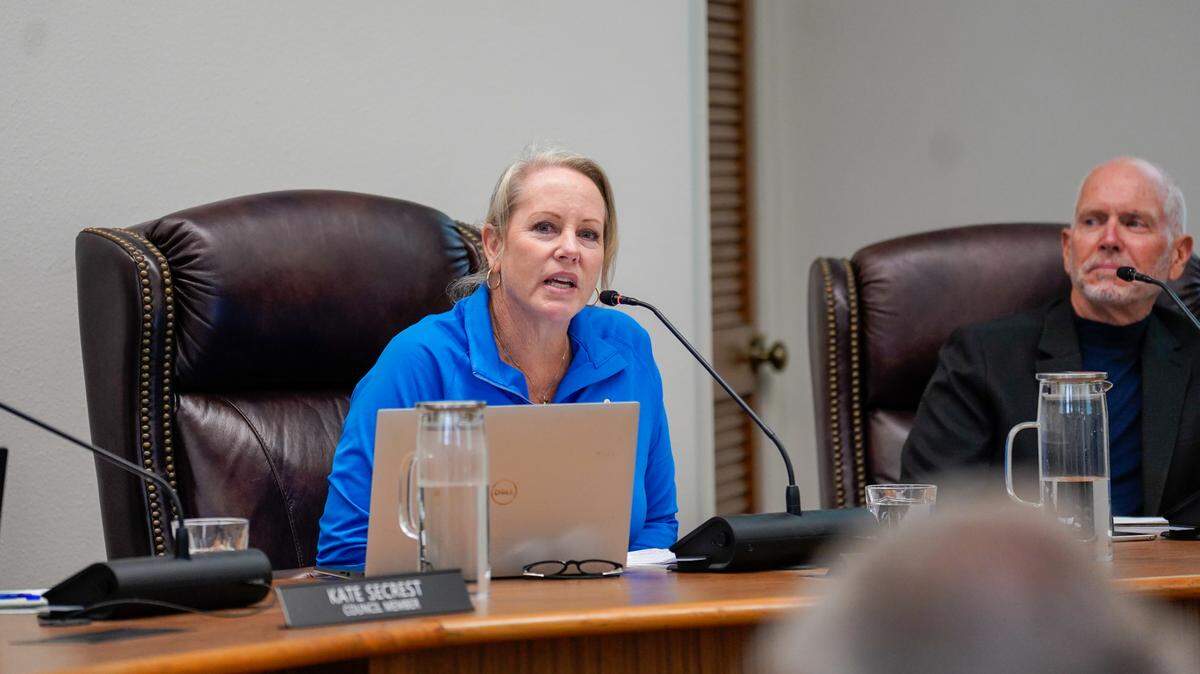 Arroyo Grande Mayor Caren Ray Russom responds to public comment from the audience at a City Council meeting on Aug. 27, 2024.