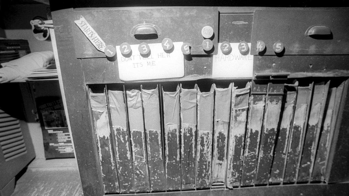 Some of the last carbon-arc projectors in service were replaced at the Fremont Theater in San Luis Obispo after 48 years of service. These tilting file bins held the reels for feature films and shorts to be fed into the two projectors on Oct. 2, 1990.