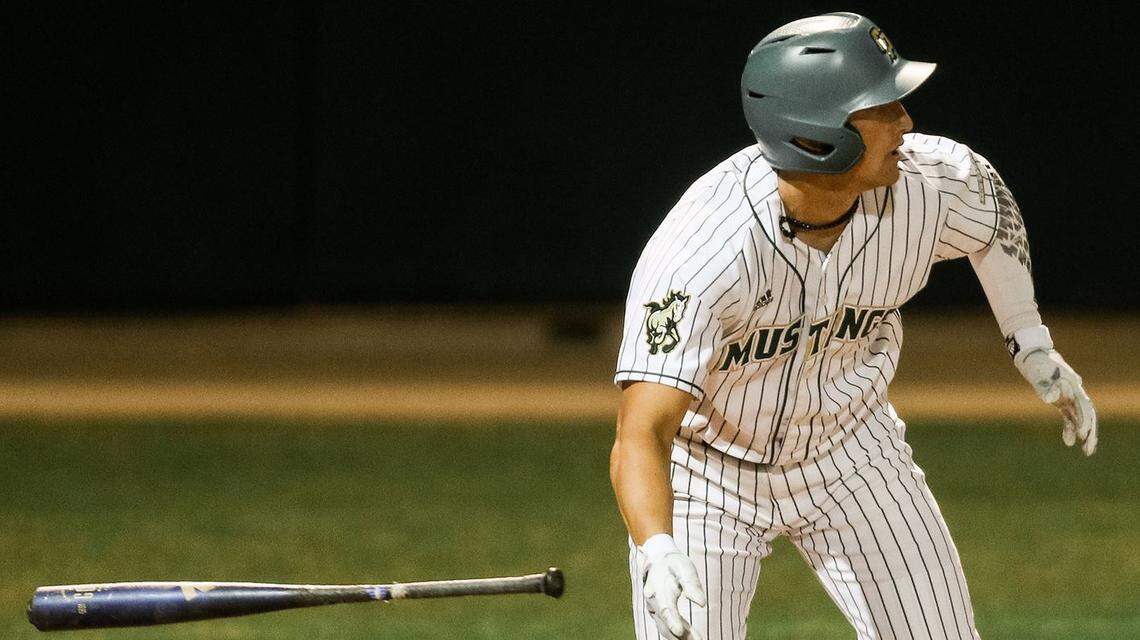 Brooks Lee hits a 3-run double in Cal Poly 8-4 win over Fresno State on Tuesday, Feb. 22, 2022. Lee collected six hits in Cal Poly’s season-opening homestand.