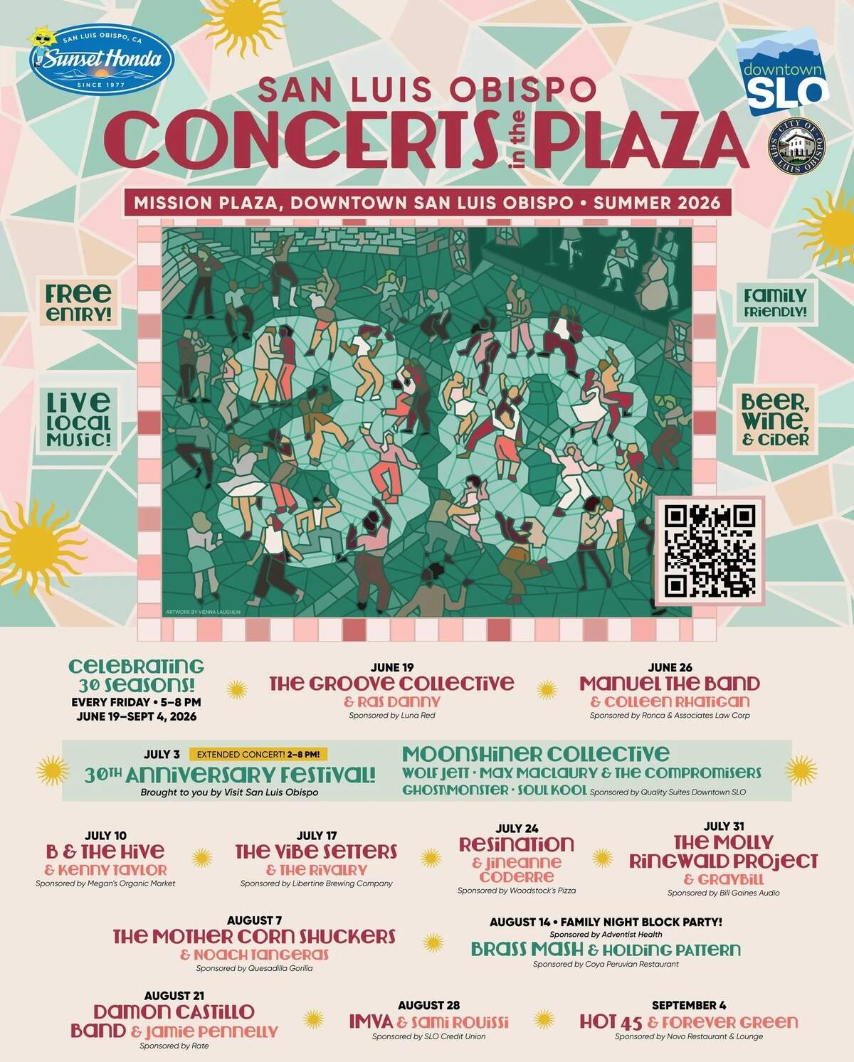 Who’s playing Concerts in the Plaza for the 30th anniversary season in 2026.