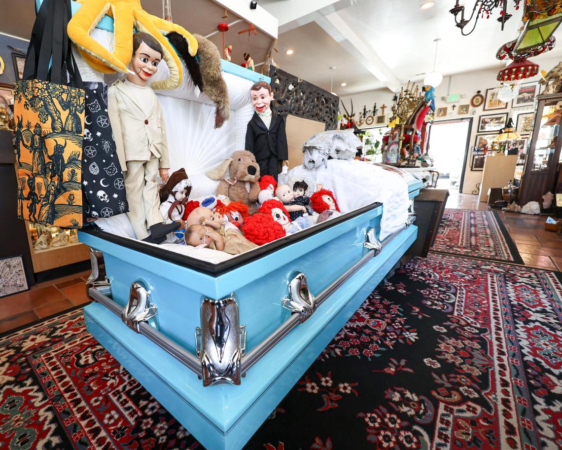 Bizarre Antiques & Oddities has a custom-made coffin that was never used for its intended purpose. The business is at the corner of Monterey Street and Johnson Avenue, seen here on April 3, 2025.