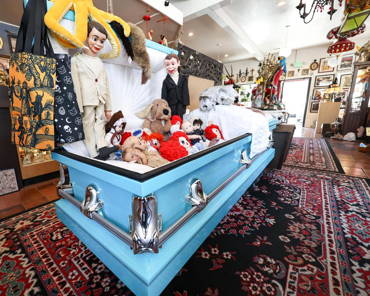 Bizarre Antiques & Oddities has a custom made coffin that was never used for its intended purpose. The business is at the corner of Monterey and Johnson Ave. seen here on April 3, 2025.