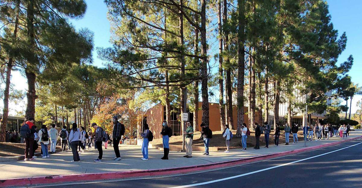 Cal Poly students wait in a long line for COVID-19 tests on Jan. 3, 2021. Students were required to get tested during the first week of the winter quarter.