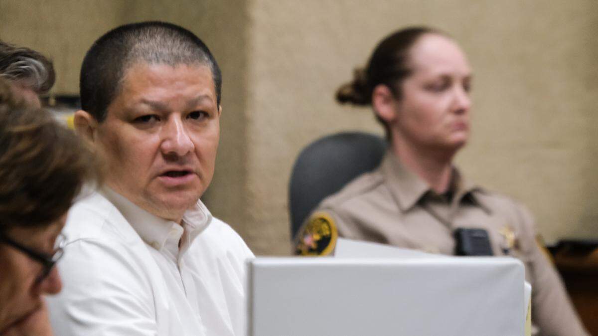 Marco Antonio Cota Jr. listens during his murder trial in San Luis Obispo Superior Court on Feb. 2, 2024. He is accused of killing Rick Fowler and jamming sticks into his body on Nov. 20, 2021.