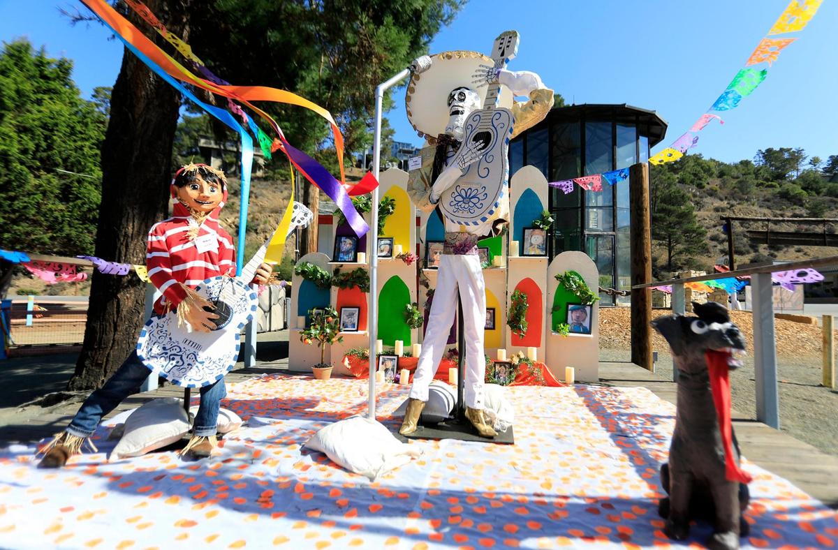 This scarecrow group was inspired by the animated movie “Coco.” It’s on display as part of the Cambria Scarecrow Festival, which runs through the month of October 2021.