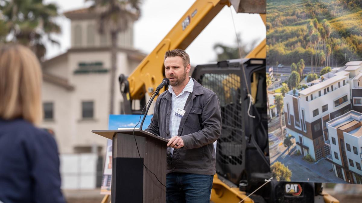 Coastal Community Builders CEO Cam Boyd speaks during the official groundbreaking of Trinity, a 23-unit mixed-use condo development at 197 W Grand Ave., pictured here Wednesday, March 26, 2025.