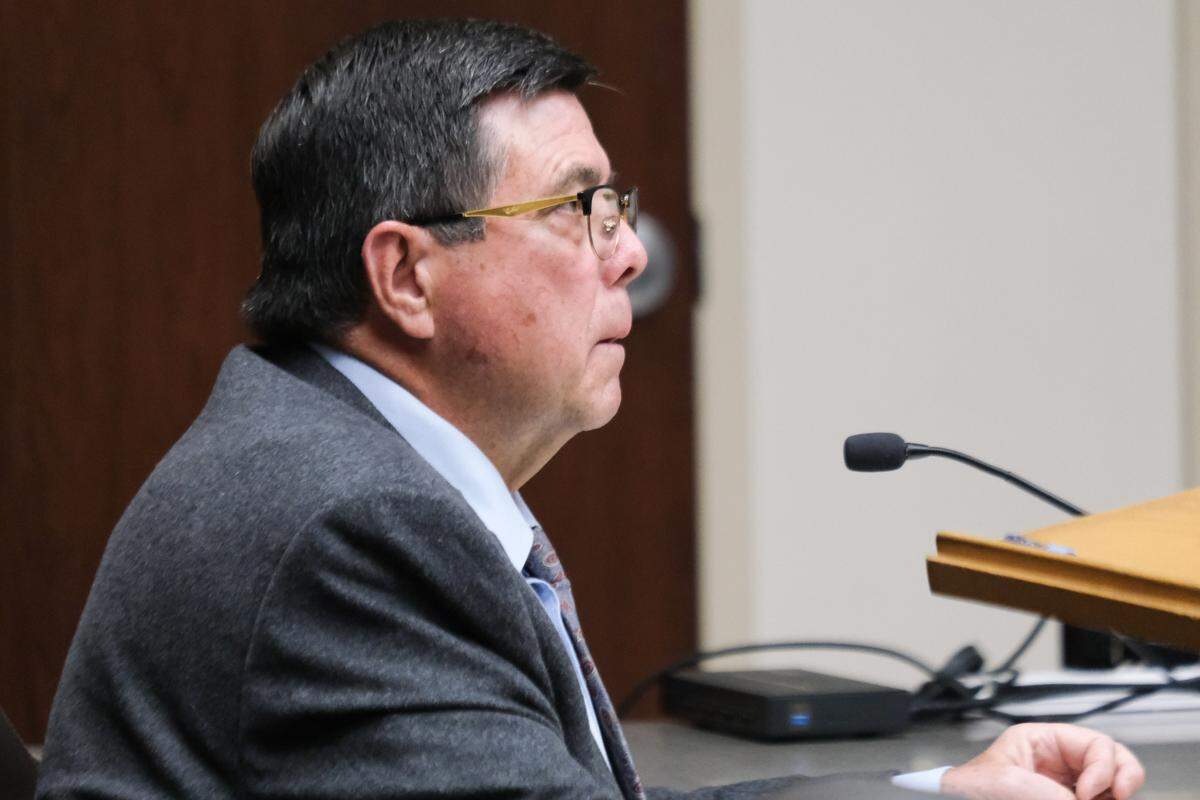 Paso Robles City Councilmember Chris Bausch listens during a court hearing at the Paso Robles branch of San Luis Obispo Superior Court on April 30, 2025. The Tribune sued Bausch and the City of Paso Robles for violating the Public Records Act in March.