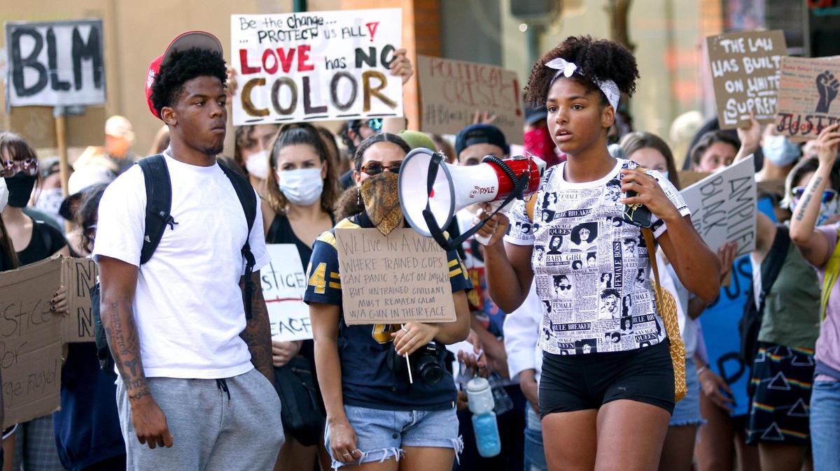 A June protest march in support of Black Lives Matter. Jalen Hamler, left and Tianna Arata took turns leading chants.