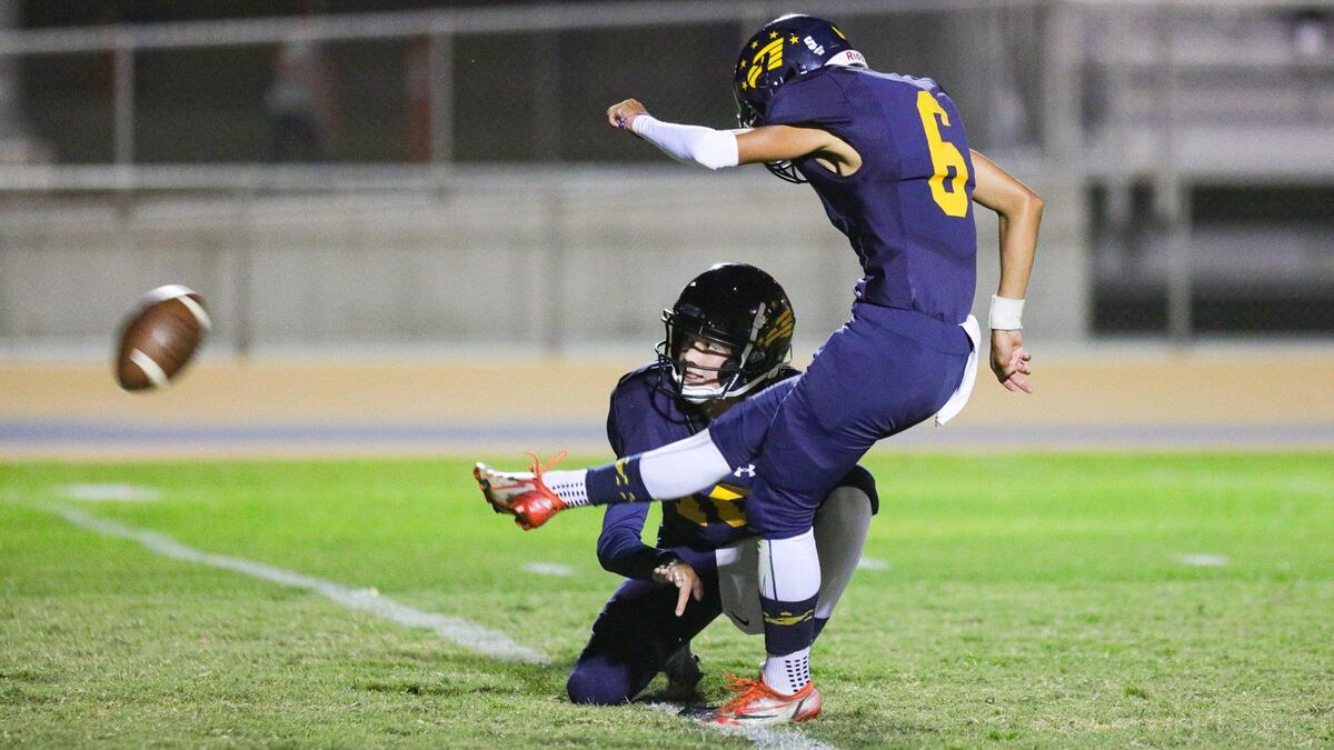Josue Lopez kicks an extra point for the Eagles. Arroyo Grande fell to Lompoc 42-37 in a hard-fought Mountain League football opener on Sept. 16, 2022.