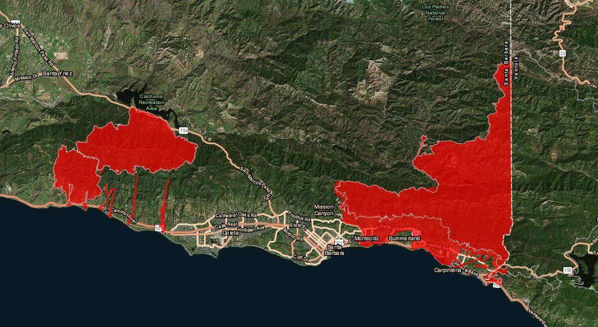 The Santa Barbara County Sheriff's Office has issued mandatory evacuations for the red areas in this image, as a large storm approaches the region.