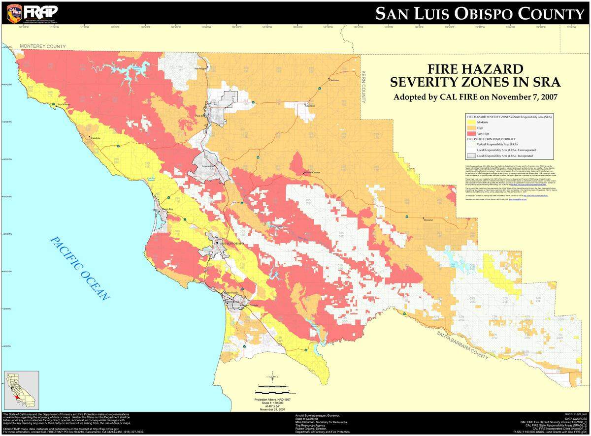 Much of San Luis Obispo County is considered to be at high or very high risk of wildfires, according to the California Office of the State Fire Marshal. San Luis Obispo, Morro Bay, Pismo Beach and Atascadero are all located in very high risk zones.