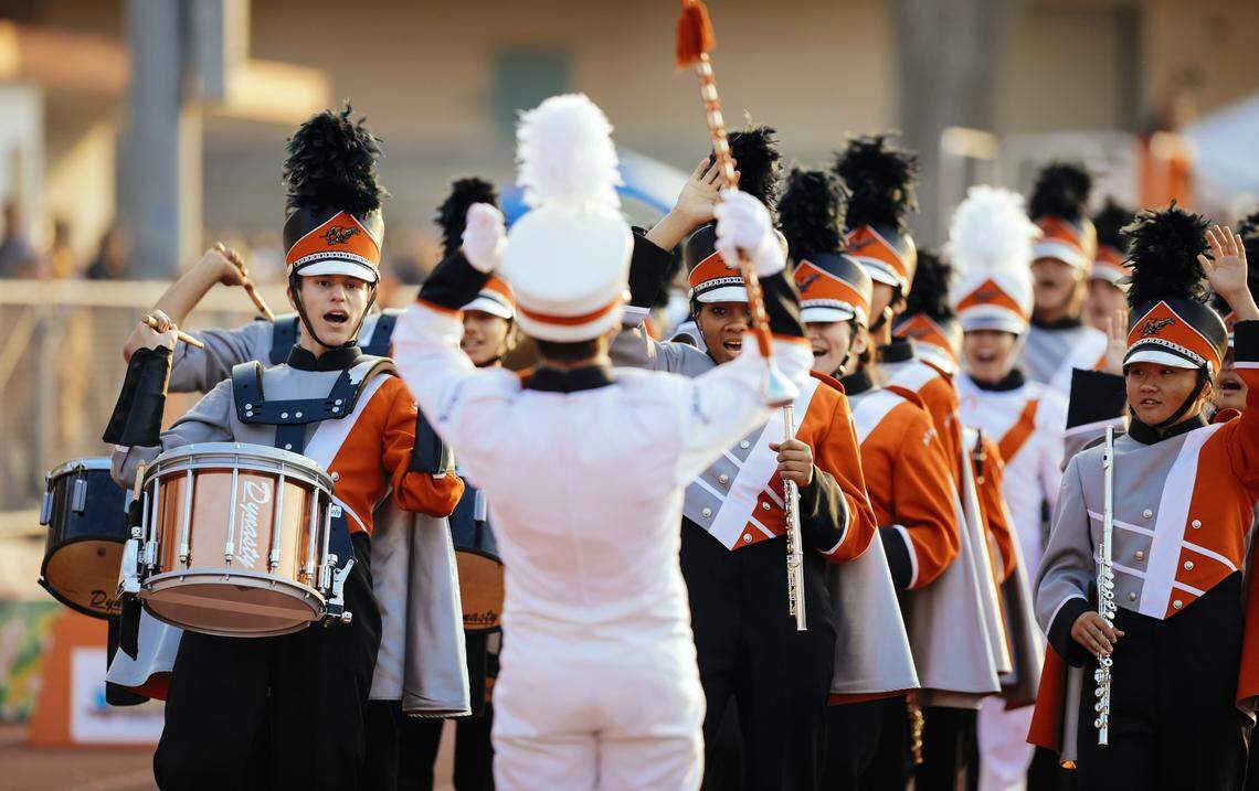 The Atascadero High School marching band performs at a football game on August 24, 2017.