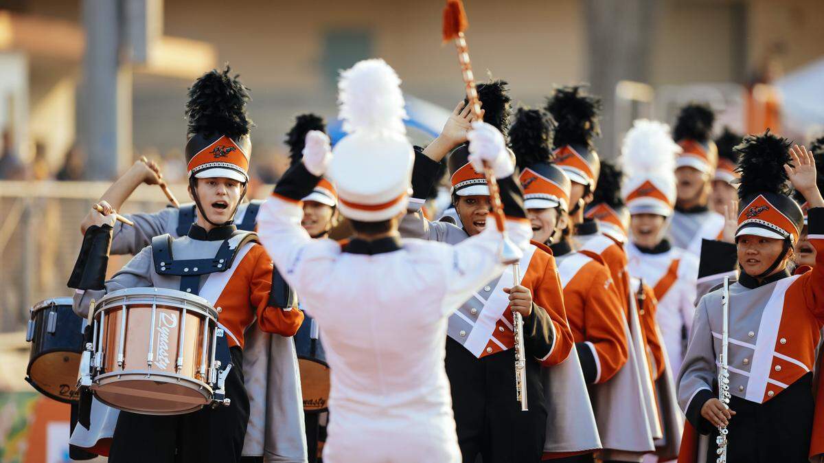 The Atascadero High School marching band performs at a football game on August 24, 2017.