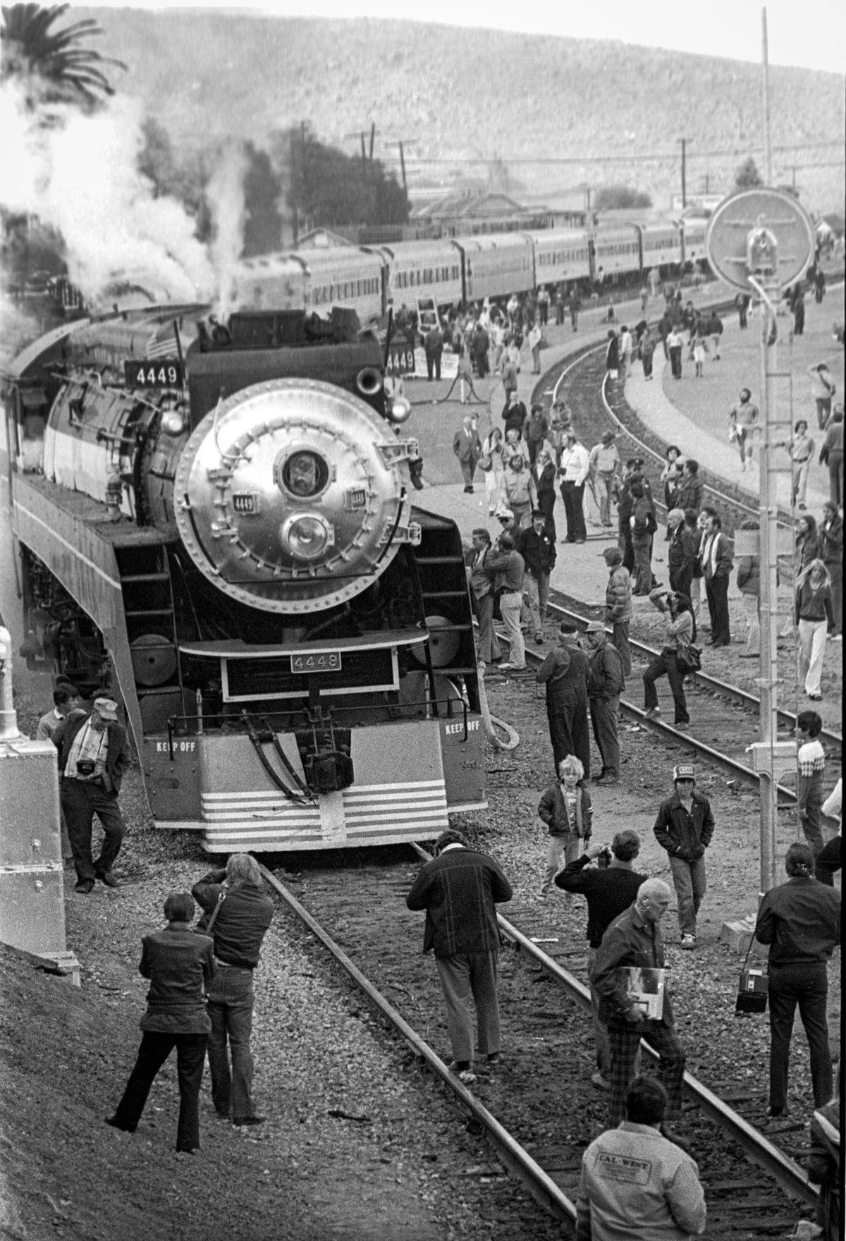 The historic Southern Pacific steam engine that pulled the Freedom Train stopped in San Luis Obispo on April 26, 1977. Train buffs came out as early at 7:30 am to welcome it the Pacific Daylight art deco engine 4449.