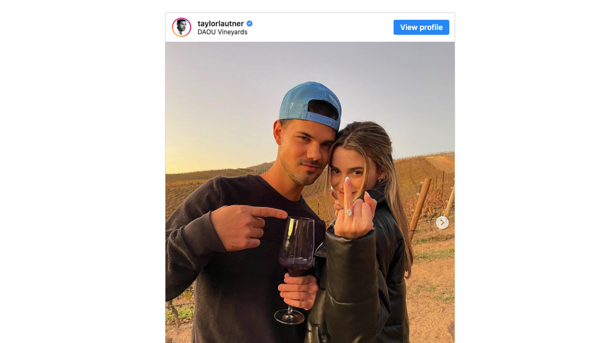 “Twighlight” actor Taylor Lautner and fiancee Tay Dome show off her oval cut engagement ring at DAOU Vineyards in Paso Robles. The couple got engaged on Thursday, Nov. 11, 2021, and celebrated with a weekend wine trip to SLO County.