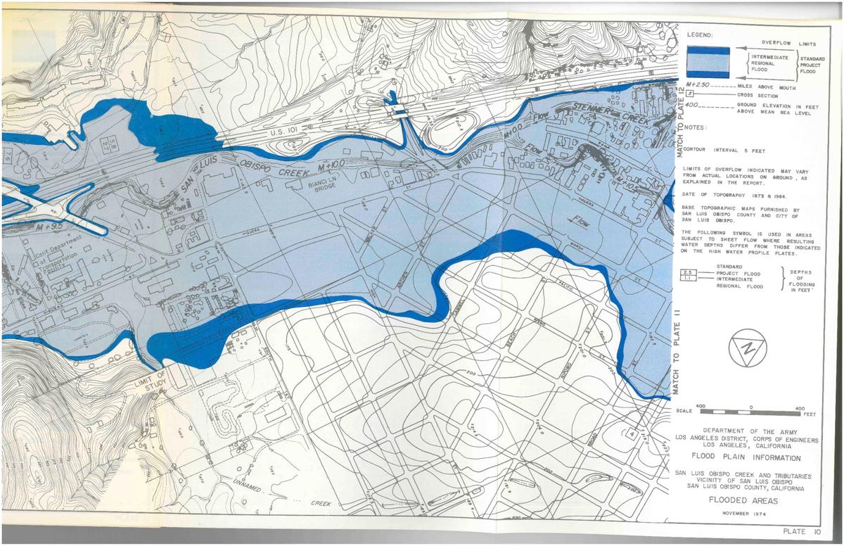 The Madonna Road crossing of Highway 101 is an island in the flood zone. U.S. Army Corps of Engineers, San Luis Creek flood map after 1973 flood of San Luis Obispo.