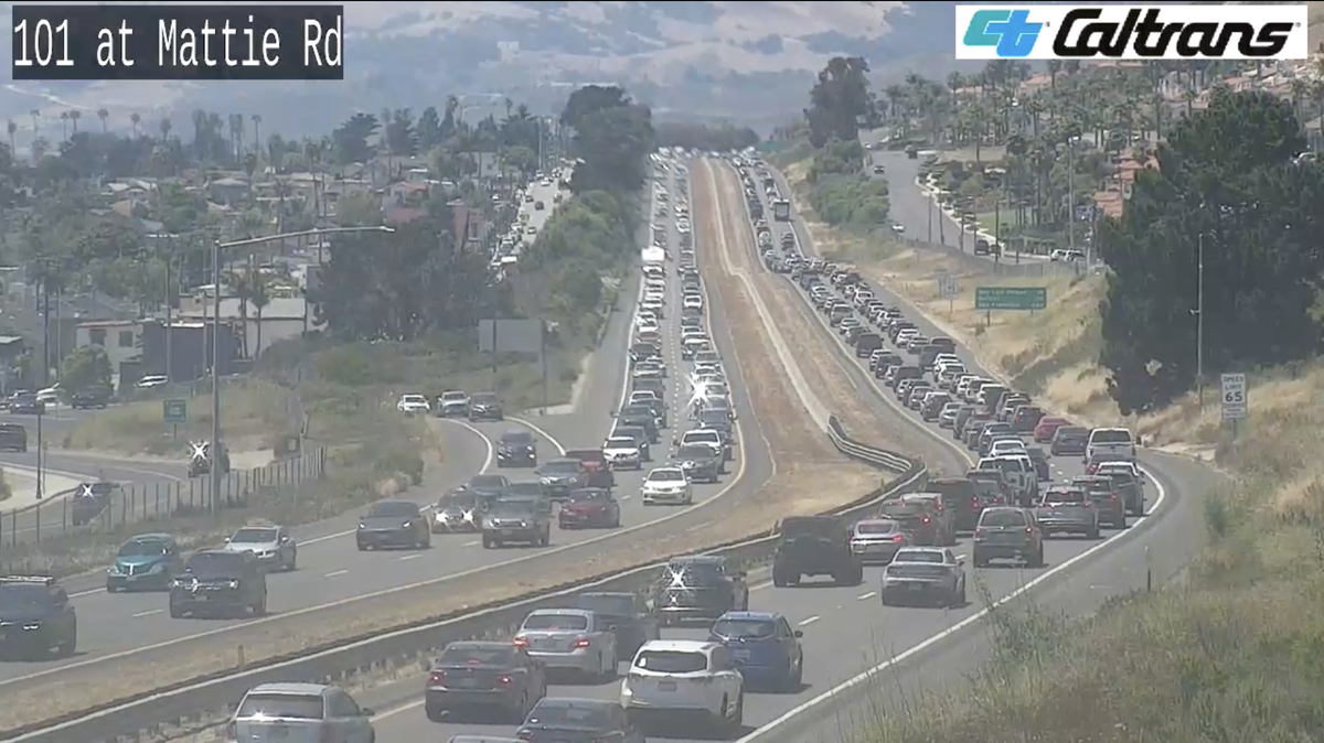 Heavy traffic along Highway 101 at Mattie Road in Pismo Beach Sunday afternoon, July 16, 2023.