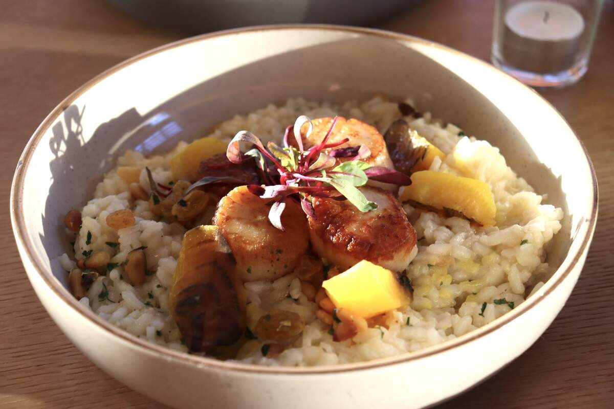 Pan-seared scallops with brown butter risotto is one of the menu items at the new Marcerro restaurant at Dairy Creek Golf Course.