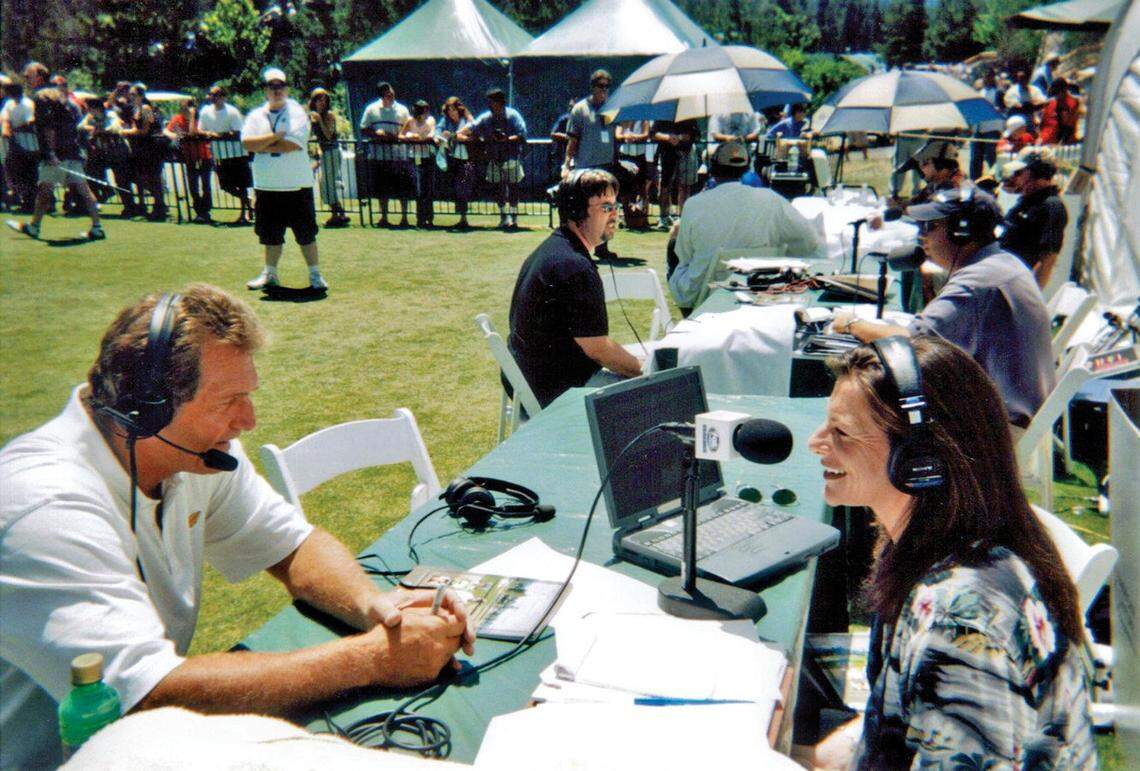 C.J. Silas interviews former NFL quarterback Joe Theisman at the American Century Celebrity Golf Tournament in South Lake Tahoe in 2004.
