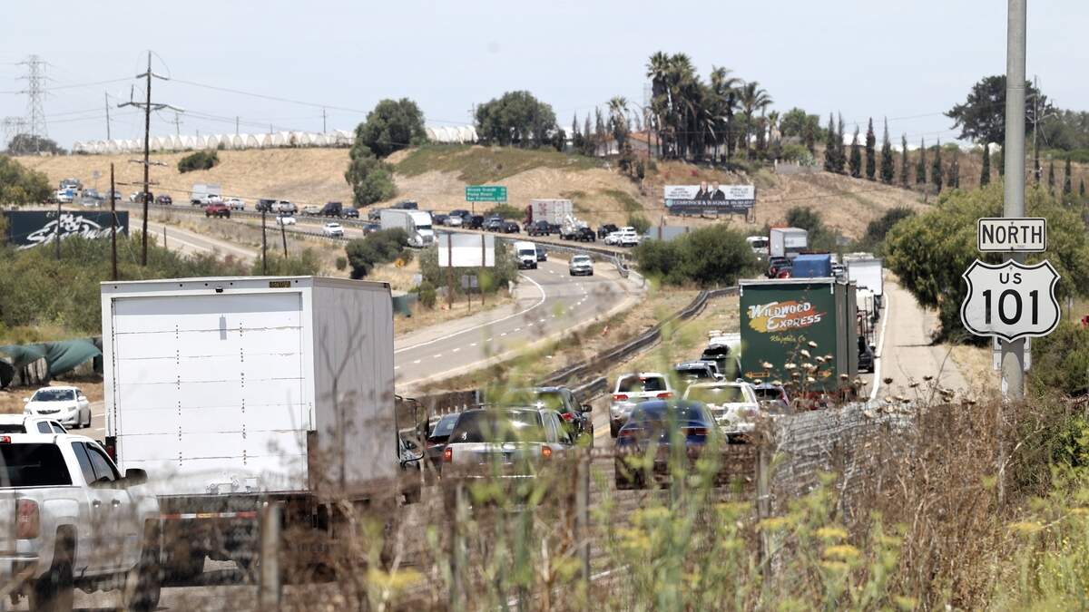 Traffic slowed to a crawl on the northbound side of Highway 101 near Nipomo after several spot fires sparked alongside the roadway on July 13, 2026.