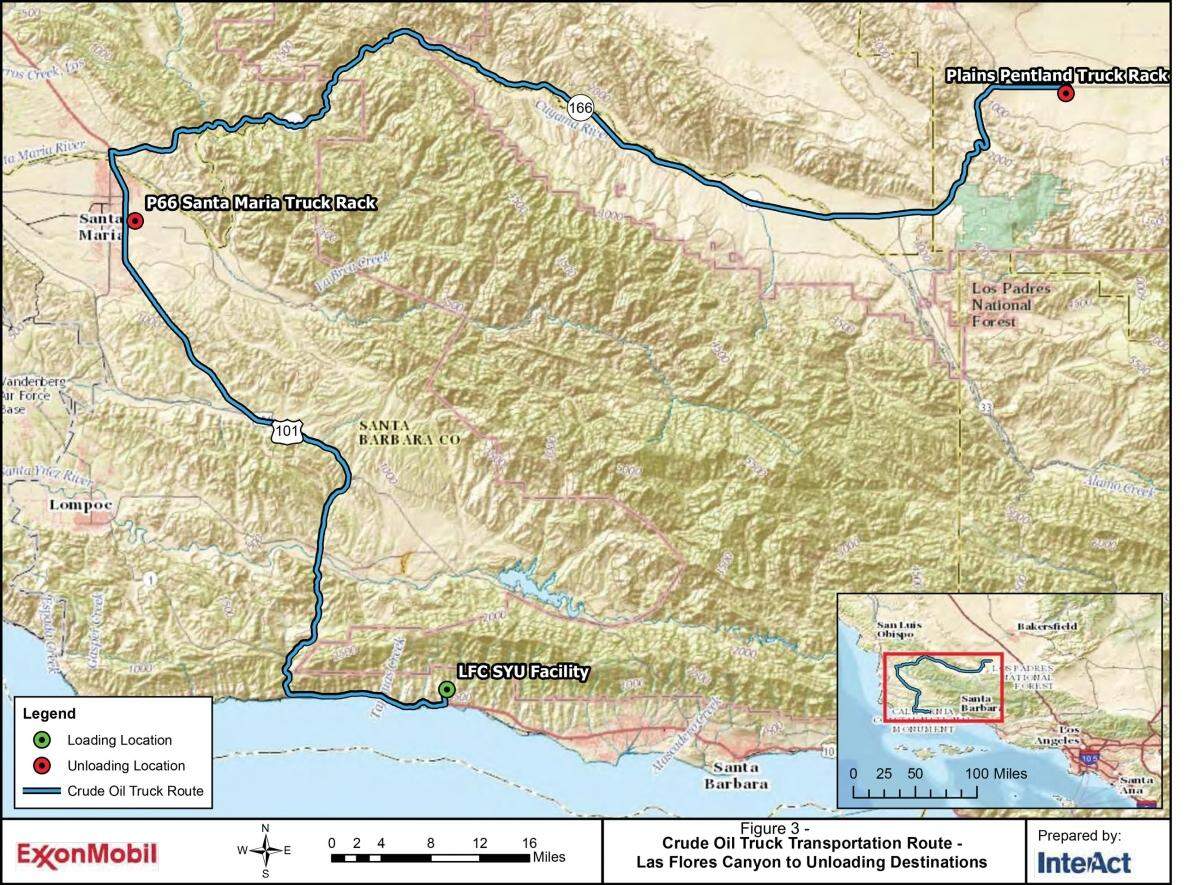 Santa Barbara County Planning Commission documents show ExxonMobil’s proposed oil trucking route from Las Flores Canyon, which is about 12 miles west of Goleta, to refineries in neighboring counties.