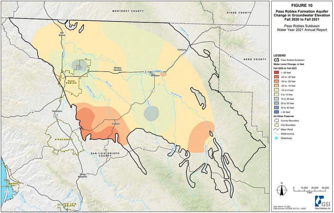 A map shows how the groundwater in the Paso Robles groundwater basin declined more in some areas than others. Overall, the basin saw a drop in storage of 41,500 acre-feet of water in 2021.