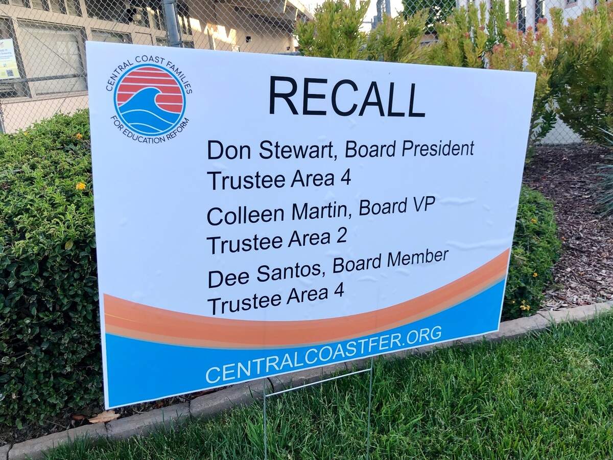 A sign posted outside the Lucia Mar Unified School District office on May 4 as parents from the group Central Coast Families for Education Reform announced the notice of intent to circulate a recall petition against three school board members: Don Stewart, Dee Santos and Colleen Martin.