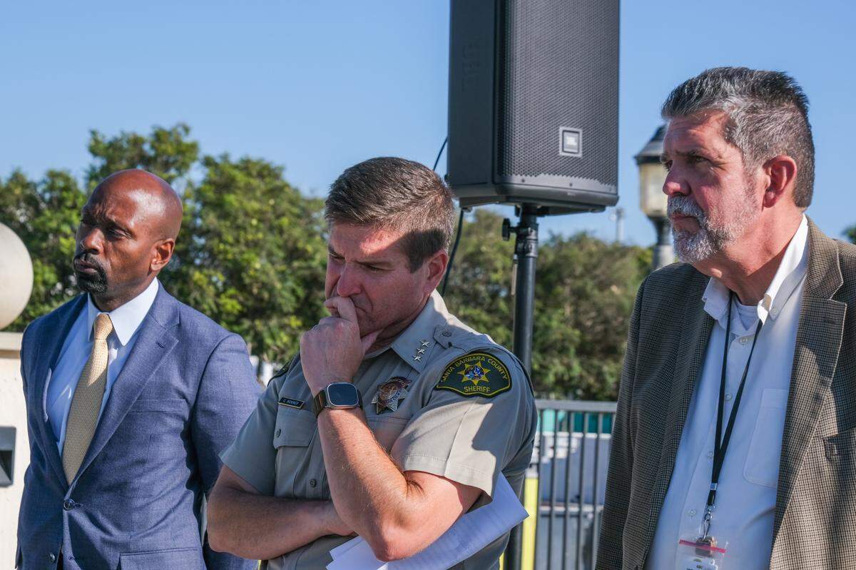 From left to right, FBI Special Agent Ted Docks, Santa Barbara County Undersheriff Craig Bonner and Santa Maria Superior Court Executive Officer Daryl Parker attend a press conference at Santa Maria Public Library about the explosion at Santa Maria Superior Court on Sept. 25, 2024.