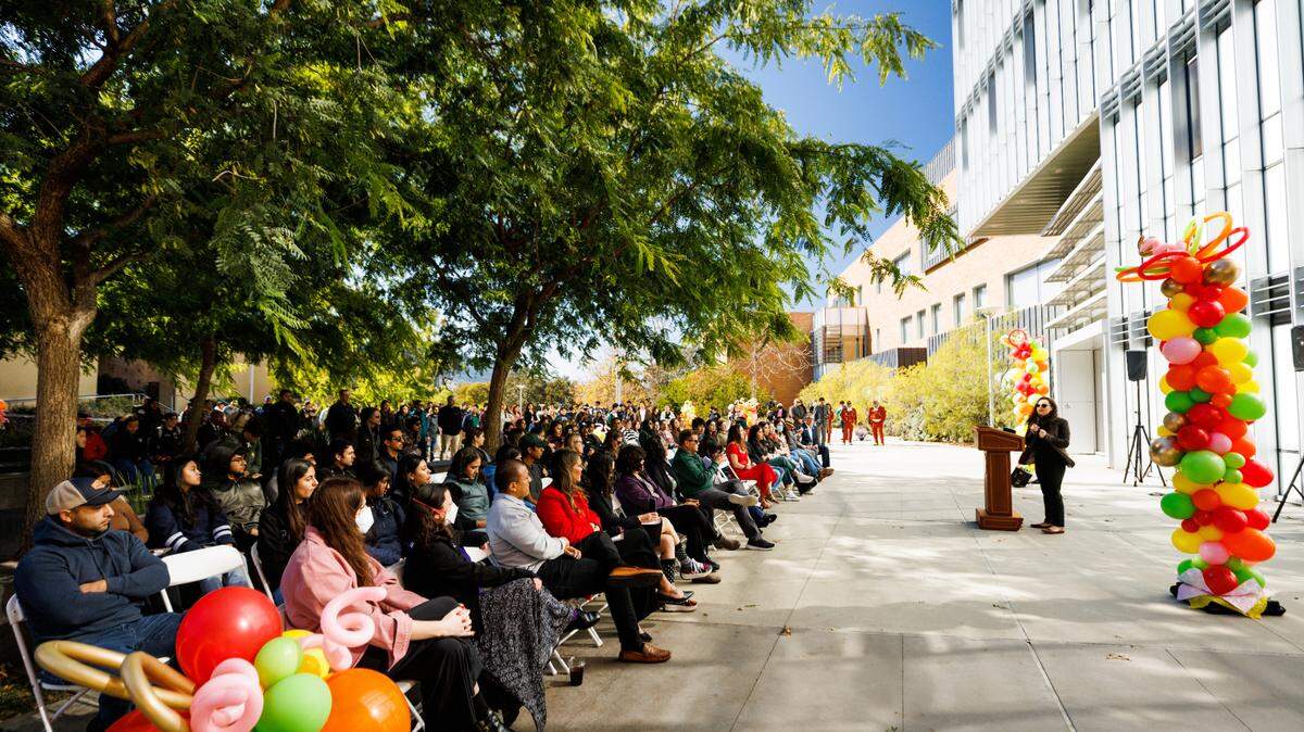 Diana Ortiz Giron, director of Student Diversity & Wellbeing, speaks at the grand opening and celebration of Cal Polys new Latinx Center, named La CASA (Latinx/e Center for Academic Success and Achievement).