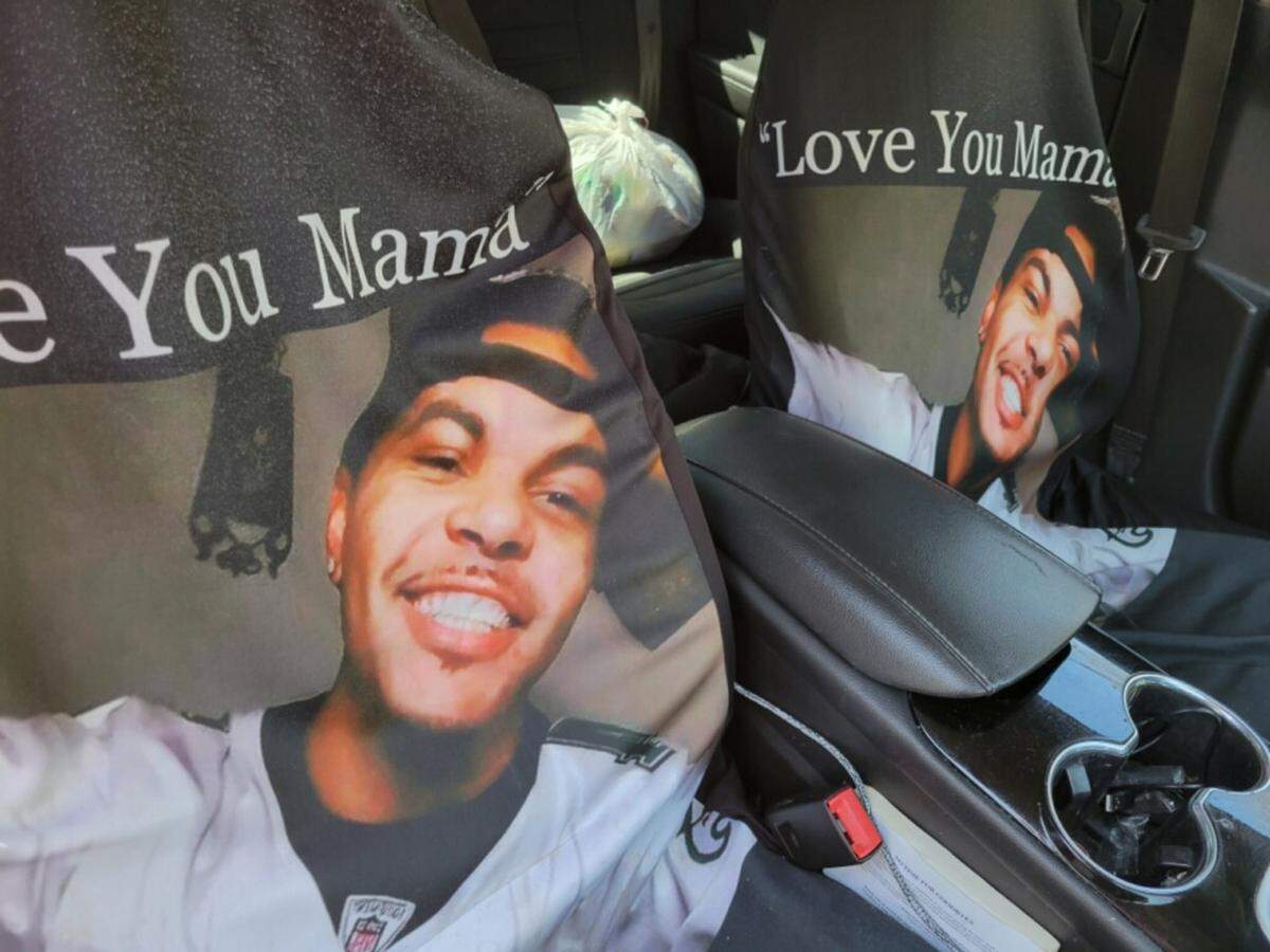 Kelli Perry’s car seat covers commemorate the life of her son, Trevon Perry, who was murdered in Paso Robles in March 2020.