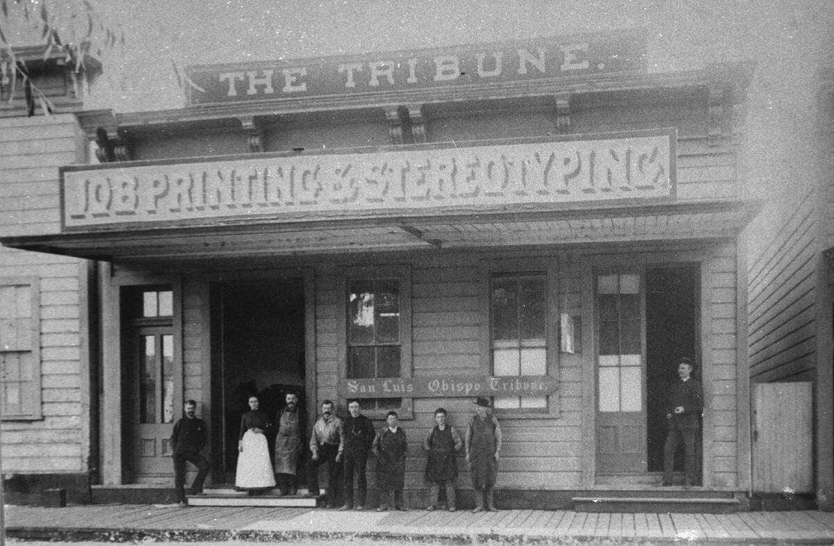According to the story in the August 7, 1969, Tribune Centennial edition, a kerosene engine running the press was too noisy for the second floor so the paper then moved this ground floor location on 1120 Chorro St. between Higuera and Marsh streets where it remained for 30 years. Editor Benjamin Brooks stands in the doorway at right.