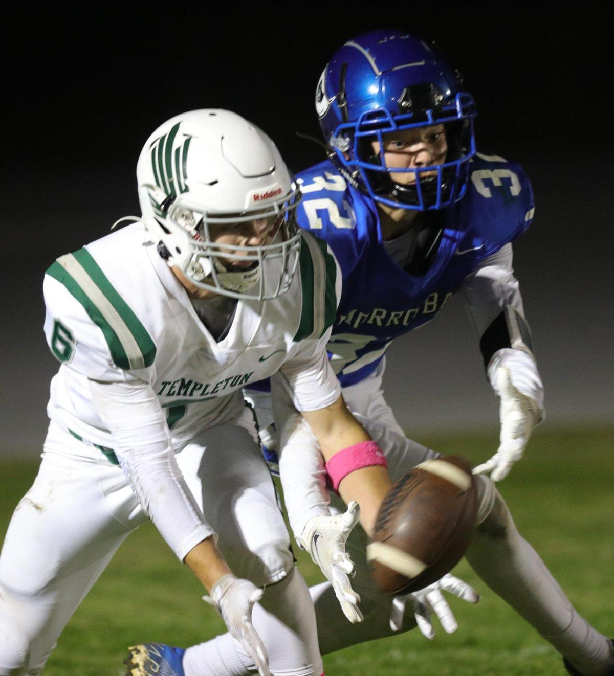 Landen Miller breaks up a pass to Shawn Shaffer. Templeton beat Morro Bay 27-9 in an Ocean League football game on Oct. 21, 2022.