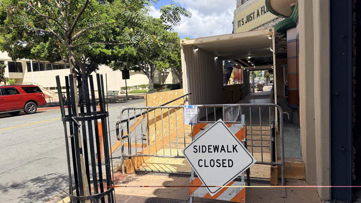 The city has reopened Monterey Street in front of the Fremont Theater, seen here on April 2, 2026, after a storm damaged the iconic sign. The sidewalk, however, remains closed.