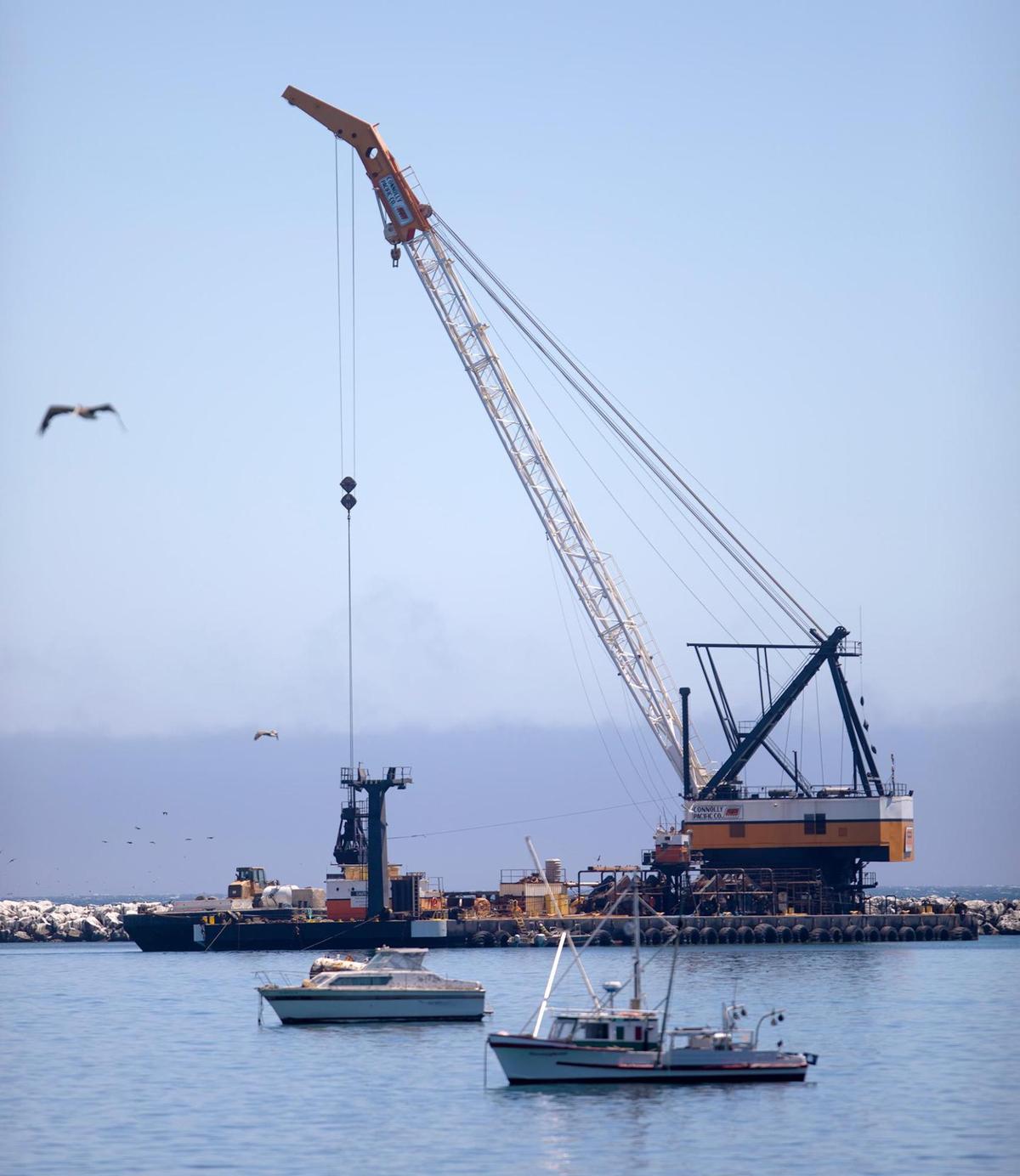 A 265-foot crane is working on the breakwater at Port San Luis, on Saturday, July 8, 2022.