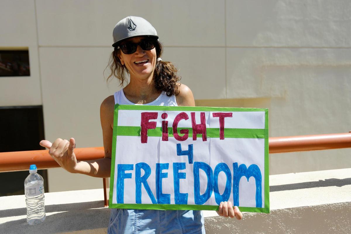 Thousands of people gather at San Luis Obispo Superior Court in California as part of the “Hands Off!” rally to protest President Donald Trump and his advisor Elon Musk.