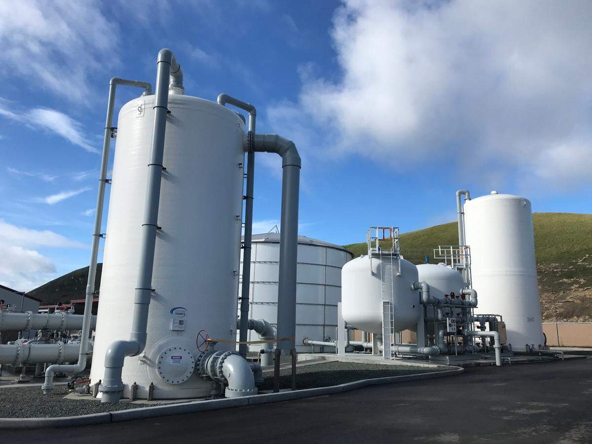 These large tanks hold the product water from Morro Bay’s new wastewater treatment facility south of town. The plant produces an average of about 1 million gallons a day, but can process up to 8.14 million gallons per day during storm events, according to the design-and-build engineer.