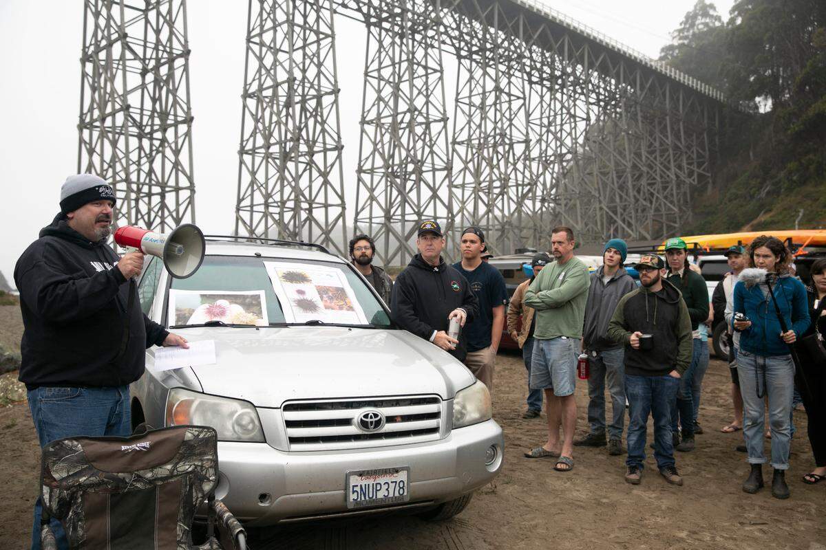 Josh Russo, left, organizes a group of divers and boaters during a purple urchin removal event in Albion Cove in Little River, Calif., July 21, 2018. Climate change is ravaging California’s underwater kelp forests. That’s caused what one scientist called a “perfect storm” in the ecosystem.
