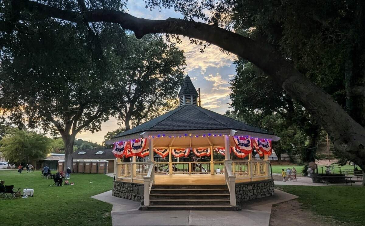 The gazebo at Templeton Community Park, adorned with patriotic bunting, stood quietly after a day of Fourth of July festivities on July 4, 2026.