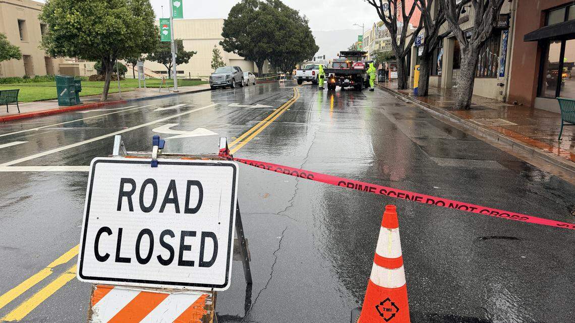 Monterey Street in San Luis Obispo was closed on Tuesday, Feb. 17, 2026, after a chunk of the Fremont Theater’s vertical marquee fell off.