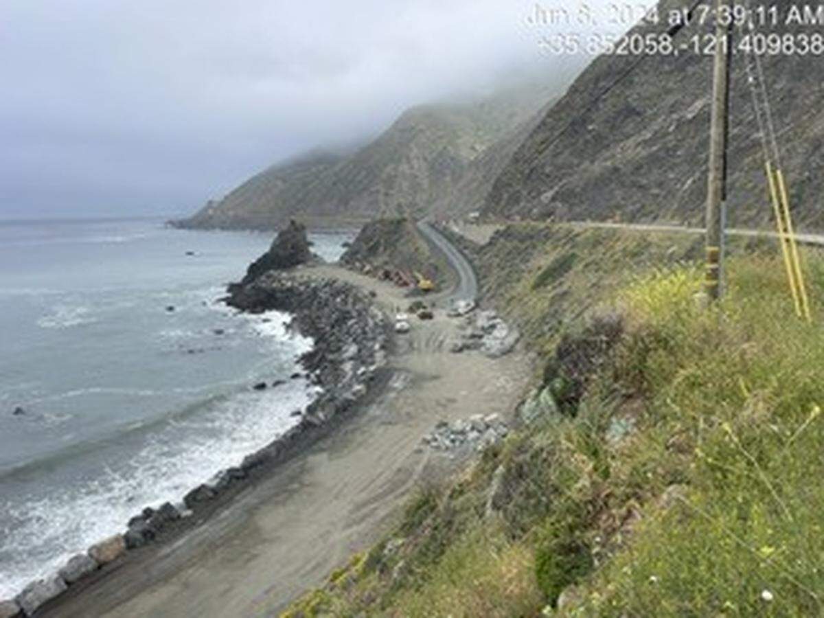 Repairs are underway near Big Sur Lookout on Highway 1 after waves eroded the roadway’s rocky supports in December and January.