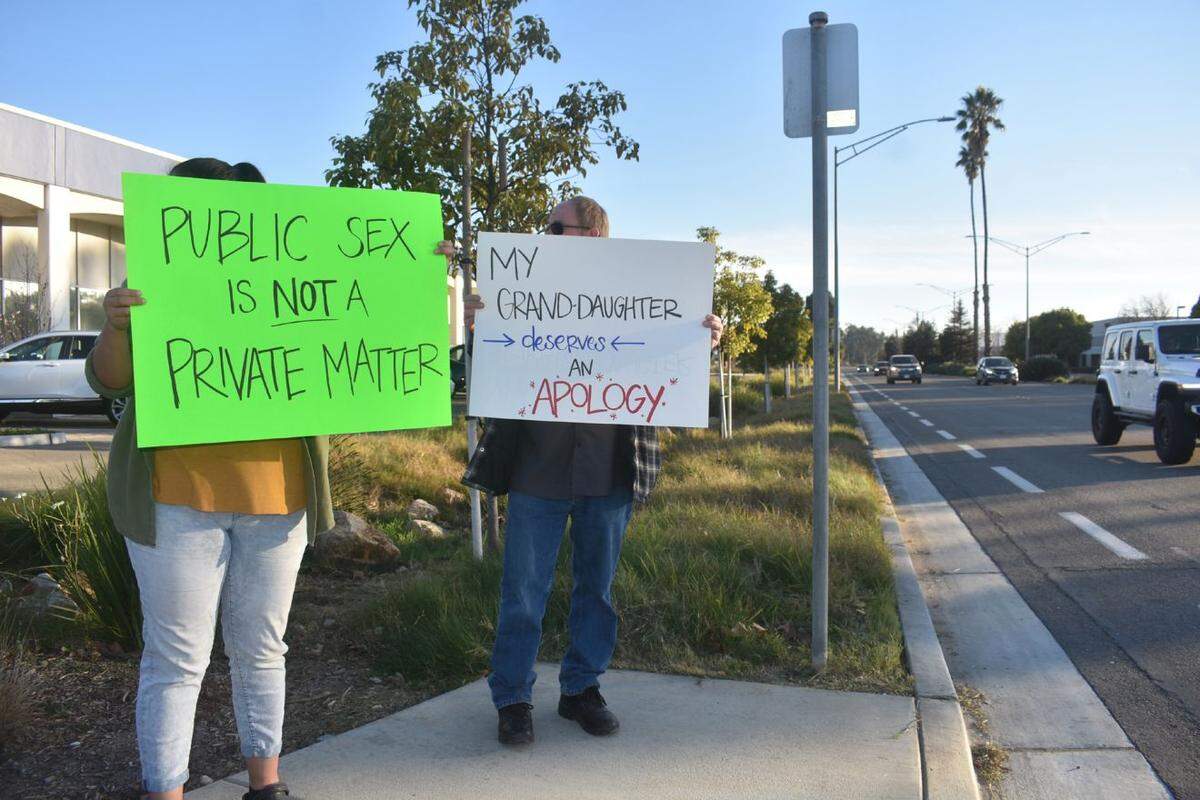 Protesters gather outside the Santa Maria Joint Union High School District office on Tuesday evening.