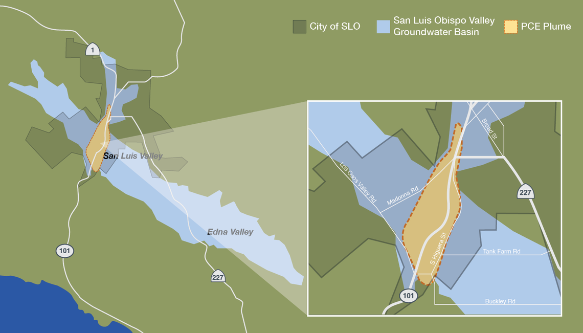 This graphic shows the rough outline of the tetrachloroethylene (PCE) plume detected in the San Luis Obispo Valley groundwater basin.