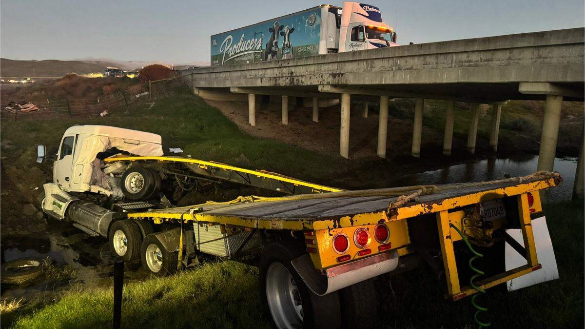 First responders blocked one lane of traffic on Highway 46 while rescuing a semi truck that drove off the road in San Luis Obispo County on Dec. 10, 2025.