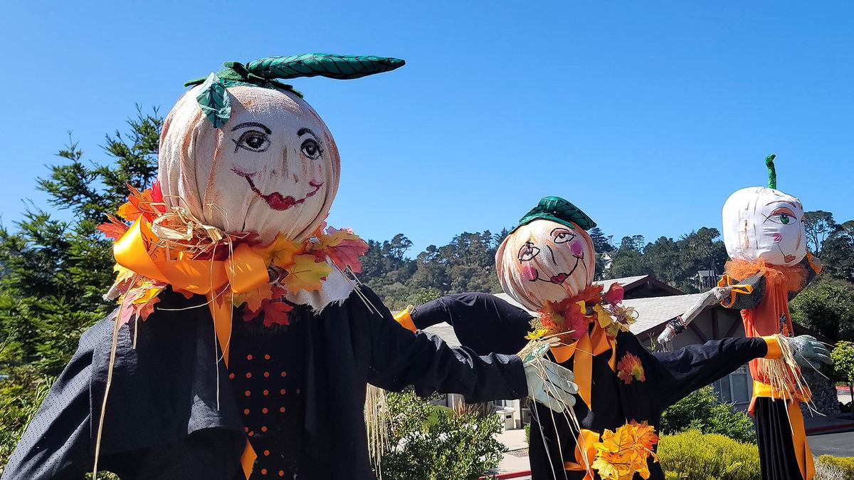 Pumpkin head scarecrows wave at cars going by near the Mechanic Bank on Main Street in Cambria. The Cambria Scarecrow Festival runs through October 2023 in Cambria and San Simeon.
