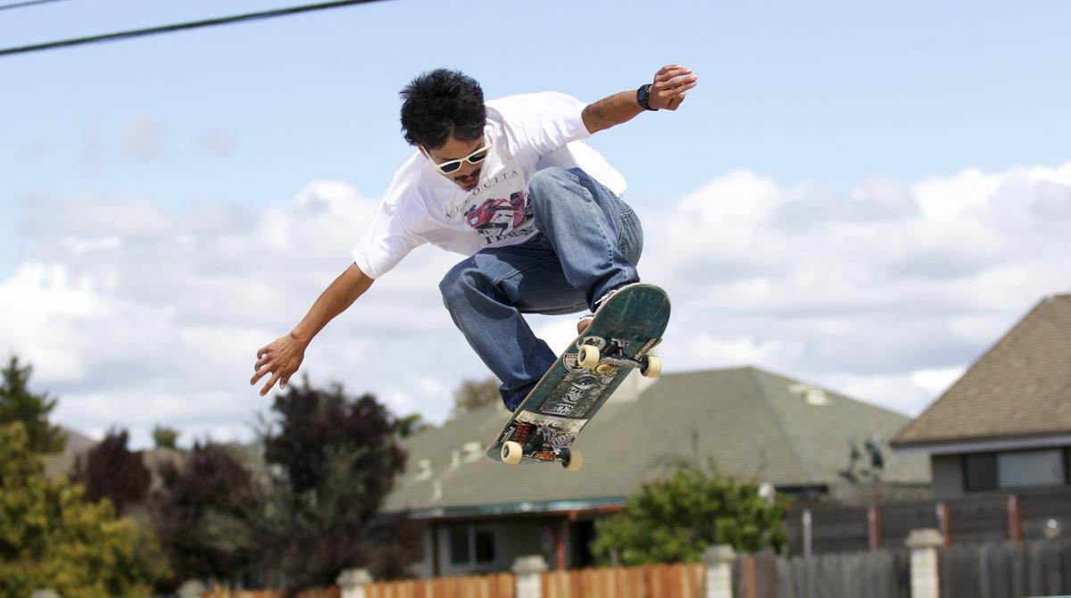 Jason Bautista of Santa Maria executes a flying aerial off a ramp at the new Nipomo Skate Park, on Friday, May 5, 2023.