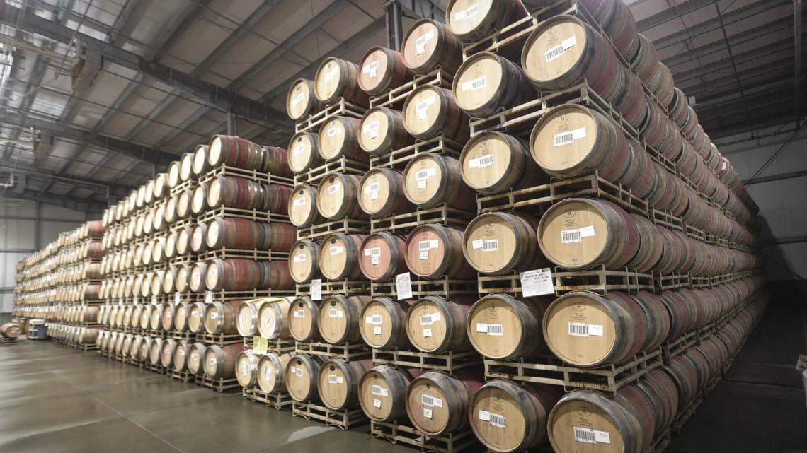 Wine ages in barrels at J. Lohr on Airport Rd in Paso Robles on Nov. 6, 2025