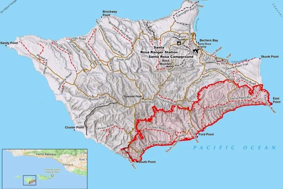 A map of the Santa Rosa Island Fire, outlined in red at the southern side, shows the footprint as of Sunday, May 17, 2026.