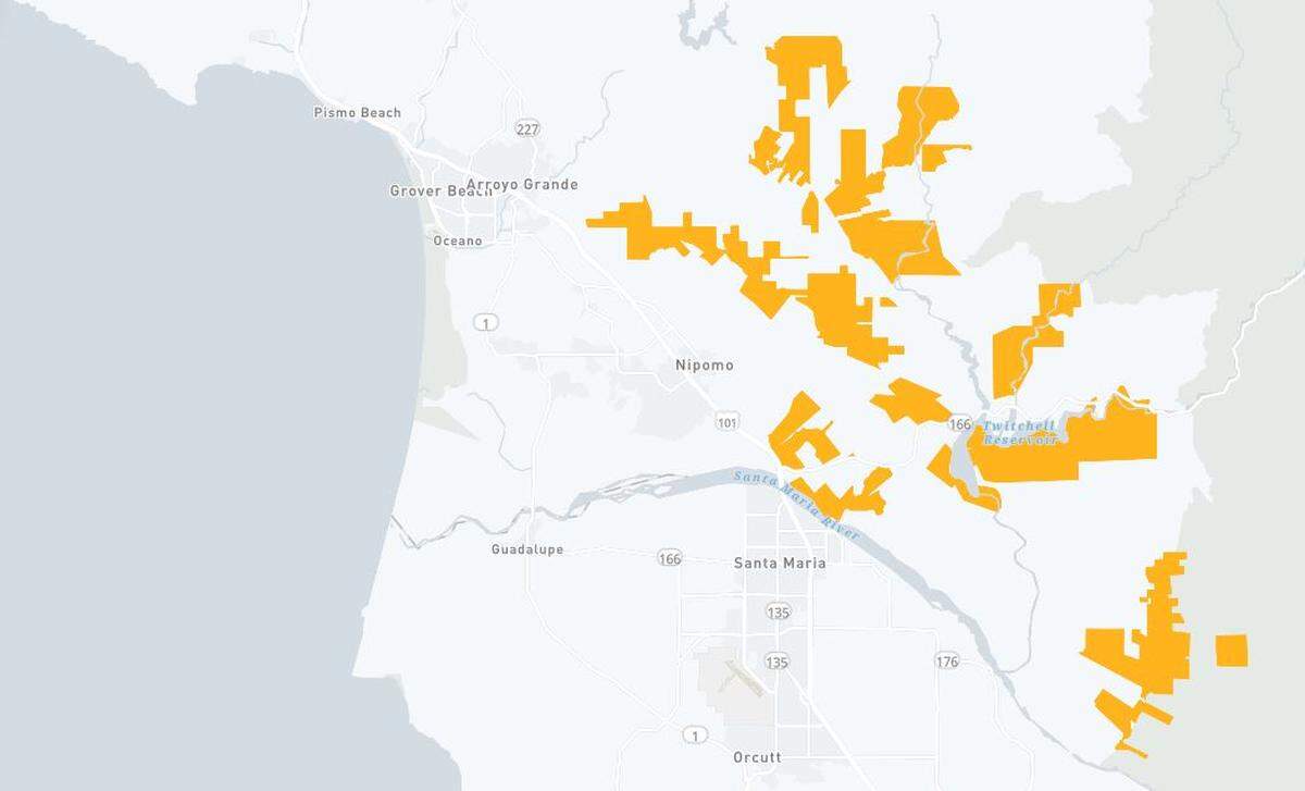 Areas that may be affected by PG&E’s Public Safety Power Shutoff on Tuesday and Wednesday are highlighted in yellow.
