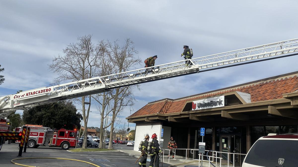 Firefighters at the scene of a Union Bank off El Camino Real that caught on fire.