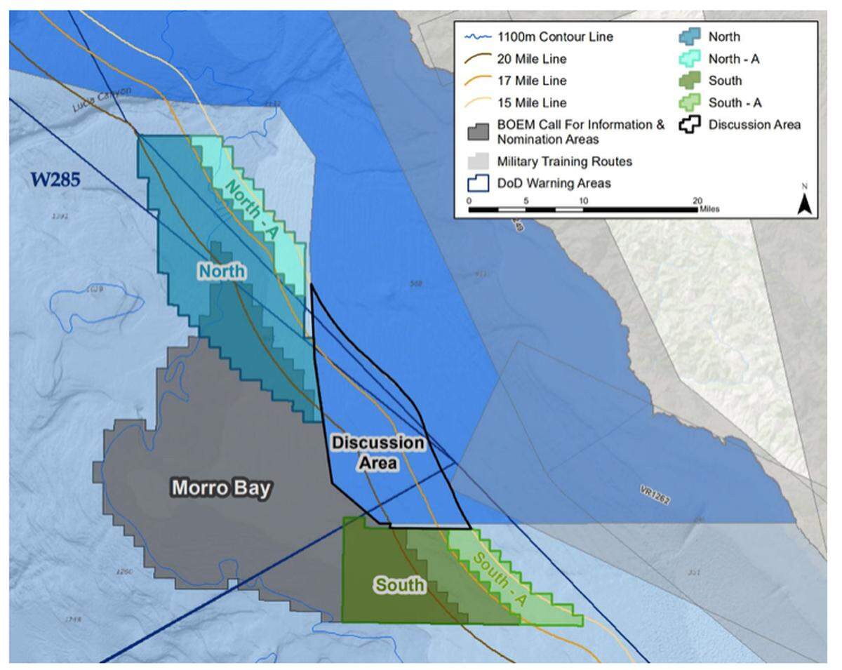 The latest proposals for a wind farm off the Central Coast focus on the Morro Bay “call area” and ways it might be adjusted to bring it closer to shore to accommodate the Navy’s needs.